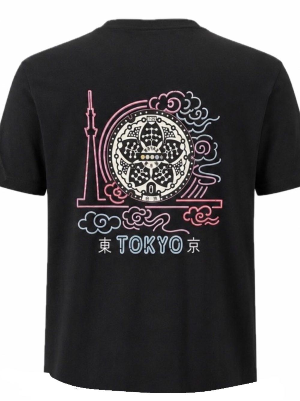 Black with Pink, White and Light Blue Tokyo Graphic Tee